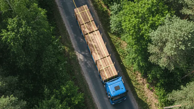 Vista aérea de um camião azul a transportar tábuas de madeira numa estrada rodeada por floresta.